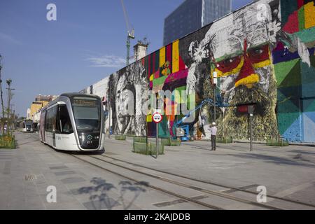 L'artista Eduardo Kobra sta dipingendo il più grande murale di graffiti del mondo sul Boulevard Olimpico, nella zona portuale di Rio de Janeiro, il 13 luglio 2016. La città riceverà nel mese prossimo i Giochi Olimpici di Rio 2016. Il murale è ancora in fase di finalizzazione e una volta completato avrà un'area di 3000 metri quadrati. L'opera intitolata 'etnie' (Etnias) rappresenta nativi di 5 continenti che partecipano ai Giochi Olimpici (Foto di Luiz Souza/NurPhoto) *** Please use Credit from Credit Field *** Foto Stock