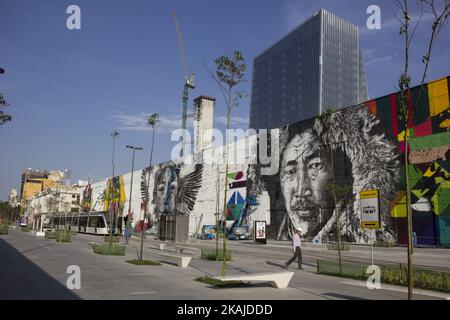 L'artista Eduardo Kobra sta dipingendo il più grande murale di graffiti del mondo sul Boulevard Olimpico, nella zona portuale di Rio de Janeiro, il 13 luglio 2016. La città riceverà nel mese prossimo i Giochi Olimpici di Rio 2016. Il murale è ancora in fase di finalizzazione e una volta completato avrà un'area di 3000 metri quadrati. L'opera intitolata 'etnie' (Etnias) rappresenta nativi di 5 continenti che partecipano ai Giochi Olimpici (Foto di Luiz Souza/NurPhoto) *** Please use Credit from Credit Field *** Foto Stock