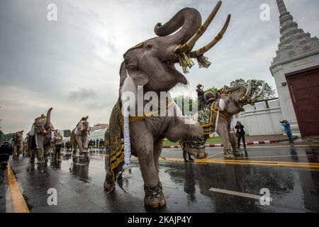 Elefanti reali e mahouts dalla Provincia di Ayuthaya marzo per il Grand Palace di pagare rispetto alla fine Thailandia re Bhumibol Adulyadej a Bangkok, Thailandia il 08 novembre 2016. Un totale di 11 elefanti rosa in polvere di bianco arrivarono alla sede del comando Territoriale della Difesa per ottenere un abito da elefante reale prima di dirigersi davanti al Grand Palace. (Foto di Guillaume Payen/NurPhoto) *** Please use Credit from Credit Field *** Foto Stock