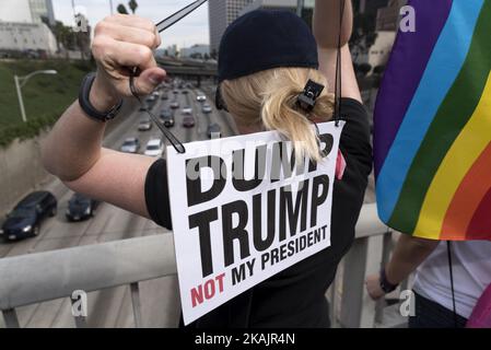 Manifestanti su un cavalcavia della superstrada durante una protesta anti-Trump a Los Angeles, California, il 12 novembre 2016. Secondo il LAPD una folla stimata di nove mila persone ha partecipato, rendendo questa la più grande protesta anti-Trump ad oggi in città (Foto di Ronen Tivony/NurPhoto) *** si prega di utilizzare il credito da campo di credito *** Foto Stock