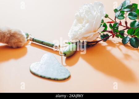 Jade Roller e pietra gua sha per massaggio viso con rosa. Zenzero gatto giocare con set di strumenti di bellezza con la zampa. Spazio. Primo piano Foto Stock
