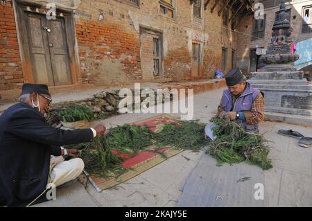 I devoti nepalesi che fanno ghirlande di fiori per decorare il carro durante la celebrazione di Bishnudevi Jatra/Festival celebrato Panga, Kirtipur, Kathmandu, Nepal Giovedi, 08 dicembre, 2016. È la parte del famoso Â Saat Gaule JatraÂ che si celebra ogni anno in occasione dell'arrivo dell'inverno. Jatras e festival fanno parte della vita della comunità di Newar. (Foto di Narayan Maharjan/NurPhoto) *** Please use Credit from Credit Field *** Foto Stock