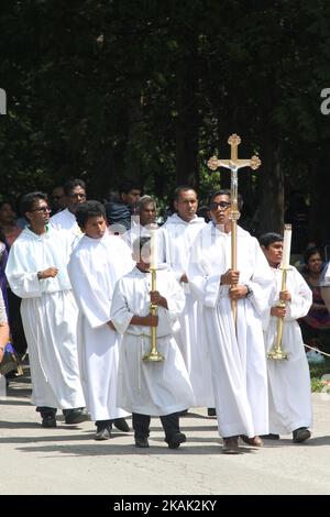 I cattolici tamil partecipano alla processione religiosa durante la Festa di nostra Signora Madu fuori da una Chiesa cattolica in Ontario, Canada, il 20 agosto 2016. Durante questa processione i devoti portano la Vergine Maria su un palanquin intorno alla chiesa mentre cantano inni religiosi in Tamil. (Foto di Creative Touch Imaging Ltd./NurPhoto) *** si prega di utilizzare il credito dal campo di credito *** Foto Stock