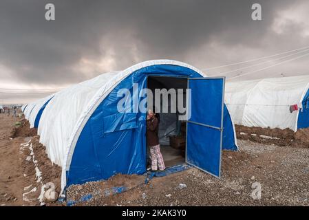 Foto scattata nel campo di Qayyarah Jadah vicino al campo di Qayyarah Jadah il 23 dicembre 2016. A due mesi dall'operazione militare per riconsiderare la città dallo Stato islamico dell'Iraq e dal Levante (ISIL), la crisi di Mosul continua ad avere un impatto umanitario significativo. I bisogni umanitari sono gravi tra le famiglie sfollate dentro e fuori dai campi, i vulnerabili residenti delle comunità appena ritirate e le persone che fuggono dai combattimenti nella città di Mosul. Lo sfollamento attuale è salito a 110.000 persone. Più di tre quarti delle famiglie sfollate si trovano nei campi e nei luoghi di emergenza, mentre le altre si trovano nella communità ospitante Foto Stock