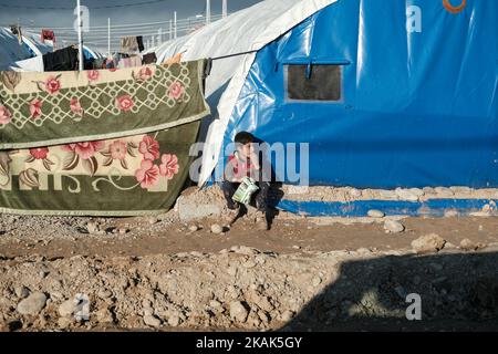 Crisi umanitaria vicino a Mosul in Iraq. Foto scattata nel campo di Qayyarah Jadah vicino a Qayyarahh il 03 gennaio 2017. Il campo di Jadah è influenzato da nube di fumo scuro e fuliggine da campi di petrolio che bruciano dove ISIL ha regolato Fire.The preoccupazione principale, secondo Oxfam, È che il fumo dai pozzi di petrolio causerà bronchite tra una popolazione che ha accesso a scarsa medicina.due mesi nell'operazione militare per ricontrarsi la città dallo Stato islamico dell'Iraq e del Levante (ISIL), la crisi di Mosul continua ad avere un impatto umanitario significativo. I bisogni umanitari sono gravi tra le famiglie sfollate dentro e fuori Foto Stock