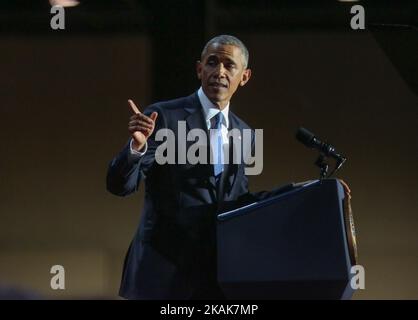 Il Presidente Barack Obama consegna il suo discorso di addio al McCormick Place di Chicago, Illinois, USA, il 10 gennaio 2017. (Foto di Emily Molli/NurPhoto) *** Please use Credit from Credit Field *** Foto Stock