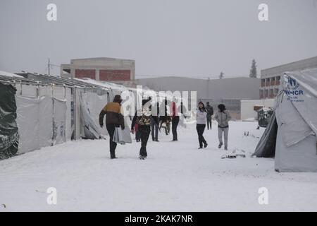 Centinaia di rifugiati si trovano ad affrontare le temperature estremamente basse del nord della Grecia nei campi della città di Salonicco o nei dintorni il 11 gennaio 2017. Nel campo di Softex la temperatura era di -8Â°C con senso di sensazione reale al di sotto di -13Â°C e ci sono state circa 20cm di nevicate durante una tempesta di neve heaby di mezza giornata. Le tende erano innevate. Non c'è acqua corrente come i tubi si sono congelati e molte tende non hanno elettricità e riscaldamento. Anche molti rifugiati senza documenti sono stati costretti ad abbandonare il campo. (Foto di Nicolas Economou/NurPhoto) *** Please use Credit from Credit Field *** Foto Stock