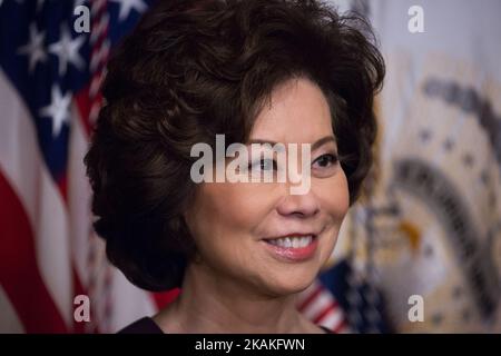 Martedì 31 gennaio, Elaine Chao ascolta il vice vicepresidente americano Mike Pence mentre si è giurato come segretario ai trasporti, nell'ufficio cerimoniale della Vice PresidentÂ nell'Eisenhower Executive Office Building della Casa Bianca. (Foto di Cheriss May/NurPhoto) *** Please use Credit from Credit Field *** Foto Stock