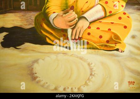 Un esempio di arte locale di un pittore degli Emirati all'interno della Casa dello Sceicco Khalifa Bin Saeed al Maktoum, nella Città Vecchia di Dubai. Lunedì 6 febbraio 2017 a Dubai, Emirati Arabi Uniti. (Foto di Artur Widak/NurPhoto) *** Please use Credit from Credit Field *** Foto Stock