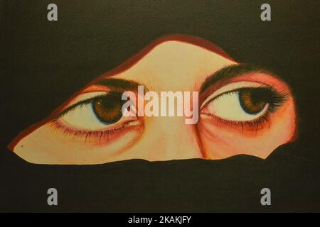 Un esempio di arte locale di un pittore degli Emirati all'interno della Casa dello Sceicco Khalifa Bin Saeed al Maktoum, nella Città Vecchia di Dubai. Lunedì 6 febbraio 2017 a Dubai, Emirati Arabi Uniti. (Foto di Artur Widak/NurPhoto) *** Please use Credit from Credit Field *** Foto Stock