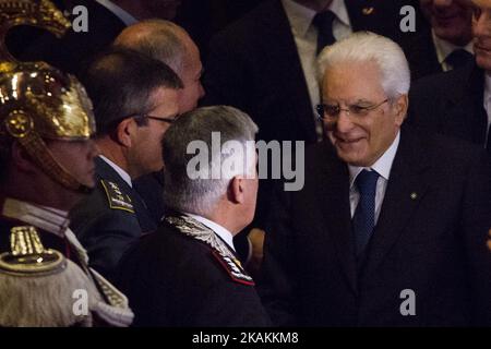 Il 12th° Presidente della Repubblica Italiana Sergio Mattarella in occasione del 150th° anniversario della fondazione del quotidiano italiano la Stampa presso l'Auditorium Giovanni Agnelli del Lingotto di Torino il 9 febbraio 2017. All'evento erano presenti molte celebrità, in particolare il presidente italiano Sergio Mattarella, John Elkann e Sergio Marchionne. (Foto di Mauro Ujetto/NurPhoto) *** Please use Credit from Credit Field *** Foto Stock