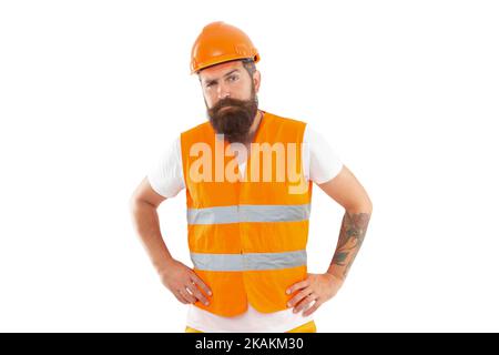 uomo supervisore non rasato isolato su sfondo bianco. uomo supervisore in uniforme. Foto Stock