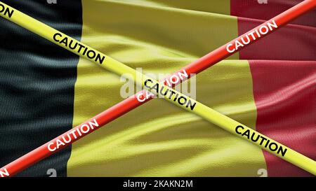 Bandiera nazionale del Belgio con nastro adesivo giallo di attenzione. Problema nelle notizie nazionali. Illustrazione 3D. Foto Stock