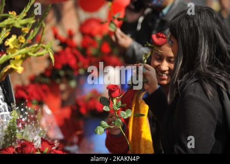 Le ragazze selezionano le rose per la celebrazione il giorno di San Valentino a Durbarmarg, Kathmandu, Nepal martedì 14 febbraio 2017. I negozi di fiori della Valle di Kathmandu hanno preparato migliaia di bastoni di rosa per la Giornata del ValentineÂ a Durbarmarg, Kathmandu, Nepal. Il Nepal ha importato 200.000 rose rosse, un simbolo di amore del valore di RS 5 milioni dall'India per celebrare San Valentino, secondo l'associazione di fioritura Nepal. (Foto di Narayan Maharjan/NurPhoto) *** Please use Credit from Credit Field *** Foto Stock