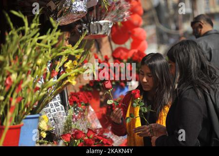 Le ragazze selezionano le rose per la celebrazione il giorno di San Valentino a Durbarmarg, Kathmandu, Nepal martedì 14 febbraio 2017. I negozi di fiori della Valle di Kathmandu hanno preparato migliaia di bastoni di rosa per la Giornata del ValentineÂ a Durbarmarg, Kathmandu, Nepal. Il Nepal ha importato 200.000 rose rosse, un simbolo di amore del valore di RS 5 milioni dall'India per celebrare San Valentino, secondo l'associazione di fioritura Nepal. (Foto di Narayan Maharjan/NurPhoto) *** Please use Credit from Credit Field *** Foto Stock