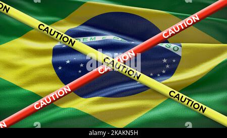 Bandiera nazionale del Brasile con attenzione nastro giallo. Problema nelle notizie nazionali. Illustrazione 3D. Foto Stock