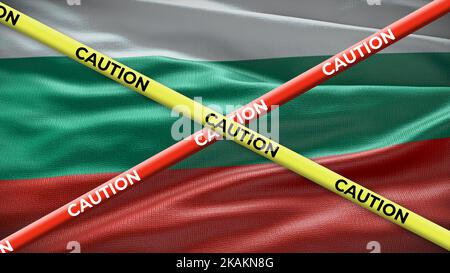 Bandiera nazionale bulgara con cautela nastro giallo. Problema nelle notizie nazionali. Illustrazione 3D. Foto Stock