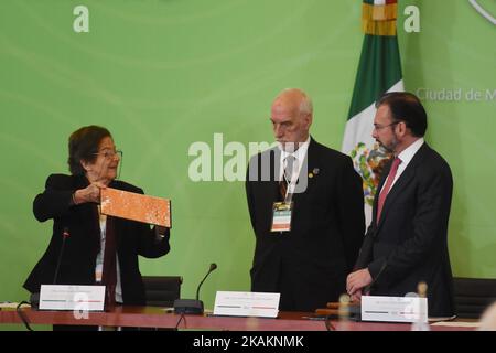 Rosa Maria Fernandez, Ambasciatore brasiliano Luiz Felipe de Macedo Soares e Ministro degli Esteri Luis Videgaray durante la 25th sessione della Conferenza Generale dell'Agenzia per il divieto delle armi nucleari in America Latina e nei Caraibi presso il Palazzo degli Affari Esteri il 14 febbraio 2017 a Città del Messico, Messico, (Foto di Carlos Tischler/NurPhoto) *** Please use Credit from Credit Field *** Foto Stock