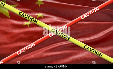 Bandiera nazionale del paese cinese con nastro giallo di attenzione. Problema nelle notizie nazionali. Illustrazione 3D. Foto Stock