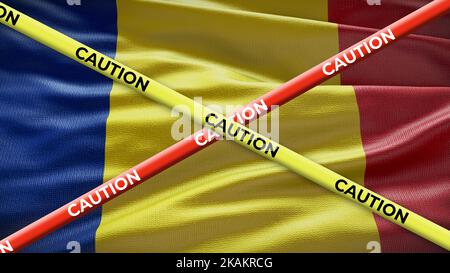 Bandiera nazionale del paese della Romania con nastro adesivo giallo di attenzione. Problema nelle notizie nazionali. Illustrazione 3D. Foto Stock