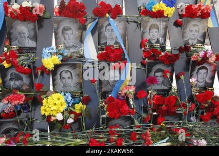 I fiori sono visti al memoriale dove gli attivisti della Rivoluzione della dignità (Maidan) o 'Eroi del cento Celeste' sono stati uccisi durante le proteste anti-governo nel 2014, non lontano dalla Piazza dell'Indipendenza a Kiev, Ucraina, 19 febbraio 2017. L'Ucraina segna il terzo anniversario del picco di violenza durante il 18-20 febbraio 2014 a Maidan, dove ha provocato la morte di almeno 100 attivisti della Rivoluzione della dignità (Maidan). (Foto di Str/NurPhoto) *** Please use Credit from Credit Field *** Foto Stock