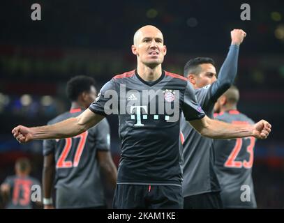 Arjen Robben del Bayern Monaco celebra il suo gol durante la UEFA Champions League - Round 16 - 2nd tappa tra Arsenal e Bayern Monaco agli Emirates , Londra 07 Mar 2017 (Photo by Kieran Galvin/NurPhoto) *** Please use Credit from Credit Field *** Foto Stock