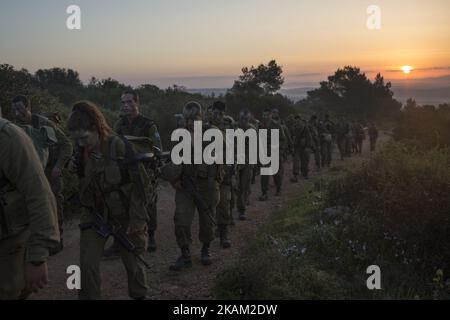 BINYAMINA, ISRAELE - 08 MARZO 2017: I soldati del corpo artiglieria partecipano a una marcia di baret al termine del loro addestramento militare di base il 08 marzo 2017, vicino alla città settentrionale di Binyamina, Israele. Circa 600 soldati hanno partecipato al marzo di circa 25km, che durò da mezzanotte fino alle prime ore del mattino. (Foto di Corinna Kern/NurPhoto) *** Please use Credit from Credit Field *** Foto Stock