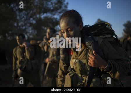 BINYAMINA, ISRAELE - 08 MARZO 2017: I soldati del corpo artiglieria partecipano a una marcia di baret al termine del loro addestramento militare di base il 08 marzo 2017, vicino alla città settentrionale di Binyamina, Israele. Circa 600 soldati hanno partecipato al marzo di circa 25km, che durò da mezzanotte fino alle prime ore del mattino. (Foto di Corinna Kern/NurPhoto) *** Please use Credit from Credit Field *** Foto Stock