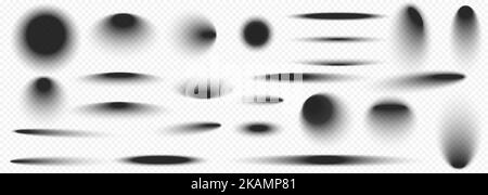 Ombre arrotondate realistiche con bordi morbidi. Cerchio grigio e sfumature ovali su pavimento o parete, set di dime di forma e dimensioni diverse isolato su t Illustrazione Vettoriale