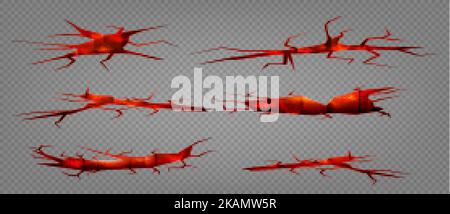 Lava nelle crepe al suolo, magnificente del vulcano rosso nei fori di crepe, superficie della terra rovinata. Distruzione, danni effetto fessura dopo disastro isolato su tr Illustrazione Vettoriale