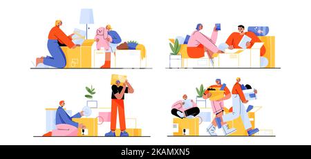 Famiglia felice che si sposta in casa nuova, la gente trasferimento. Madre, padre e bambini caricano, trasportano le scatole e le cose a casa. Personaggi acquisto immobiliare Illustrazione Vettoriale