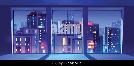 Camera vuota, interno ufficio notturno con vista sulla città in ampie finestre da pavimento a soffitto. Area coworking open space, spazio di lavoro studio d'arte, sala riunioni Illustrazione Vettoriale