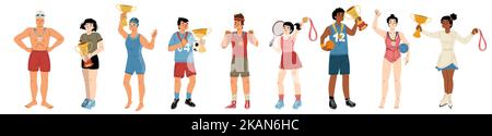 Felici atleti vincitori di gare sportive con medaglie d'oro e coppe. Vari sportivi, giocatori di calcio, tennis e basket, nuotatori, skater e. Illustrazione Vettoriale