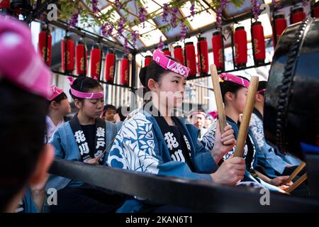 I residenti di Asakusa suonano la batteria mentre sfilano per le strade di Asakusa durante il Festival di Sanja di fronte al Tempio senso-ji ad Asakusa, Tokyo, il 21 maggio 2017. Questi mikoshi (santuari portatili) sono trasportati nelle strade di Asakusa per portare fortuna, benedizioni e prosperità alla zona e ai suoi abitanti. (Foto di Richard Atrero de Guzman/NurPhoto) *** Please use Credit from Credit Field *** Foto Stock