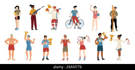 Campioni sportivi con medaglie d'oro e coppe. Diversi sportivi vincono premi in concorso, calcio, tennis, hockey, basket, vettore biathlon ha Illustrazione Vettoriale