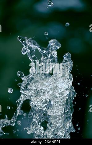 Un primo piano di spruzzi d'acqua nell'aria su sfondo sfocato Foto Stock