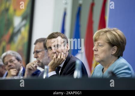 (R-L) la cancelliera tedesca Angela Merkel, il presidente francese Emmanuel Macron, il primo ministro spagnolo Mariano Rajoy e il primo ministro italiano Paolo Gentiloni sono raffigurati durante una conferenza stampa alla Cancelleria di Berlino, in Germania, il 29 giugno 2017. Il Cancelliere Merkel si riunisce oggi i leader europei del G20 prima del G20 che si terrà ad Amburgo il 7 e 8 luglio 2017. (Foto di Emmanuele Contini/NurPhoto) *** Please use Credit from Credit Field *** Foto Stock