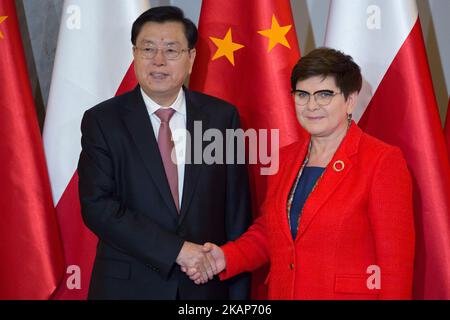 Primo Ministro della Polonia Beata Szydlo e Presidente del Comitato permanente del Congresso Nazionale del Popolo Zhang Dejiang alla Cancelleria del primo Ministro a Varsavia, Polonia il 13 luglio 2017 (Foto di Mateusz Wlodarczyk/NurPhoto) *** Please use Credit from Credit Field *** Foto Stock