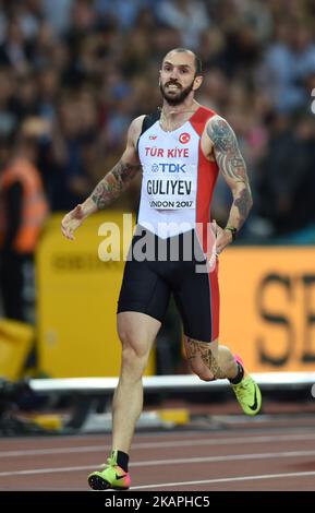 Ramil Goliyev di Turchia festeggia mentre attraversa la linea per vincere la finale Mens 200 metri durante il giorno sette dei Campionati Mondiali di Atletica leggera IAAF 16th Londra 2017 al London Stadium il 10 agosto 2017 a Londra, Regno Unito. (Foto di Ulrik Pedersen/NurPhoto) *** Please use Credit from Credit Field *** Foto Stock