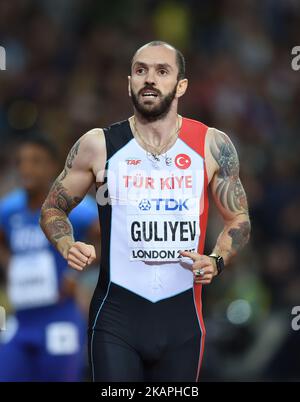 Ramil Goliyev di Turchia festeggia mentre attraversa la linea per vincere la finale Mens 200 metri durante il giorno sette dei Campionati Mondiali di Atletica leggera IAAF 16th Londra 2017 al London Stadium il 10 agosto 2017 a Londra, Regno Unito. (Foto di Ulrik Pedersen/NurPhoto) *** Please use Credit from Credit Field *** Foto Stock