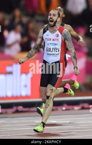 Ramil Goliyev di Turchia festeggia mentre attraversa la linea per vincere la finale Mens 200 metri durante il giorno sette dei Campionati Mondiali di Atletica leggera IAAF 16th Londra 2017 al London Stadium il 10 agosto 2017 a Londra, Regno Unito. (Foto di Ulrik Pedersen/NurPhoto) *** Please use Credit from Credit Field *** Foto Stock