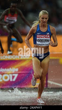 Il vincitore, Emma Coburn, degli Stati Uniti, ha gareggiato nella finale di inseguimento a campanile di 3000 metri ai Campionati Mondiali IAAF 2017 di atletica al London Stadium di Londra, Regno Unito, il 11 agosto 2017. (Foto di Ulrik Pedersen/NurPhoto) *** Please use Credit from Credit Field *** Foto Stock