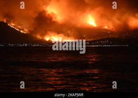 Il 14 agosto 2017, a Kalamos Attika, ad Amarynthos, in Grecia, si sono bruciate massicce case di fuoco selvatico. (Foto di Wassilios Aswestopoulos/NurPhoto) *** Please use Credit from Credit Field *** Foto Stock