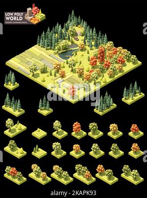 Set di creazione mappa mondiale isometrica vettoriale. Elementi mappa combinabili. Foresta, campi e stagni Illustrazione Vettoriale