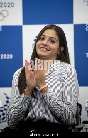 Yusra Mardini, un nuotatore siriano di 19 anni che ha partecipato ai Giochi Olimpici di Rio 2016 come membro della squadra olimpica dei rifugiati e dell'ambasciatore di buona volontà dell'UNHCR, parla presso l'ufficio di Tokyo 2020 il 29 agosto 2017 a Tokyo, Giappone. Yusra Mardini condivide le sue esperienze al Rio 2016 Games e la sua attuale attività come atleta e Ambasciatore di buona volontà dell'UNHCR con i membri dello staff di Tokyo 2020. (Foto di Alessandro di Ciommo/NurPhoto) Foto Stock