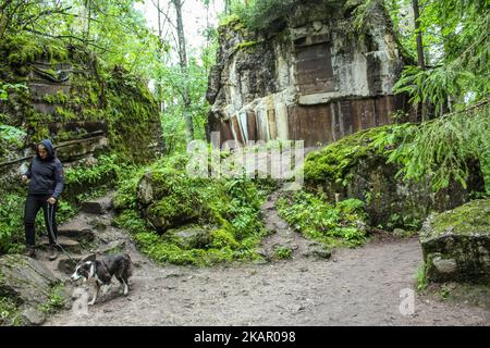 Le persone che camminano presso le rovine di Lair Wolf sono viste il 2 settembre 2017 a Gierloz , Polonia. Lair di Wolf (ger. Wolfsschanze) rovine del quartier generale della guerra di Adolf Hilter è una città nascosta nel bosco composta da 200 edifici: Rifugi, caserme, 2 aeroporti, una centrale elettrica, una stazione ferroviaria, condizionatori d'aria, forniture d'acqua, impianti di generazione di calore e due teleprinter. (Foto di Michal Fludra/NurPhoto) Foto Stock