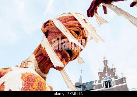 Settembre 3rd, Zundert. La prima domenica di settembre di ogni anno dal 1936, Zundert, una piccola città dei Paesi Bassi che è il luogo di nascita di Vincent van Gogh, si mette in scena la più grande parata floreale del mondo, gestita da volontari, con una zattera di carri a cielo aperto realizzati con dahlias locali. Con le voci di bonkers-looking dai distretti locali competenti elettrificanti le strade della città sotto forma di volpi grandi fiore-basate, Signore di capelli rossi, draghi ed altre creature e astrazioni, con ogni galleggiante di 66-piede-lungo, 33-piede-alto fatto da circa mezzo milione dahlias. (Foto di Romy Arroyo Fernande Foto Stock