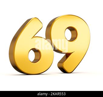 3d illustrazione del numero d'oro sessantanove o 69 isolato su sfondo bianco con ombra. Foto Stock