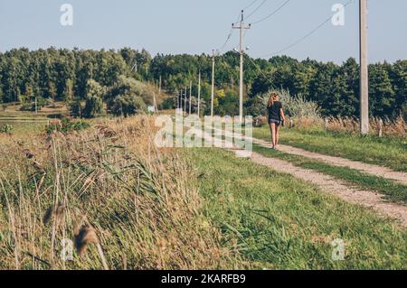 Fila di pali elettrici con fili, donna cammina lungo la strada di campagna Foto Stock