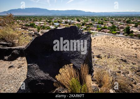 Una grande pietra nel canyon di Boca Negra del monumento nazionale di Petroglyph, New Mexico Foto Stock